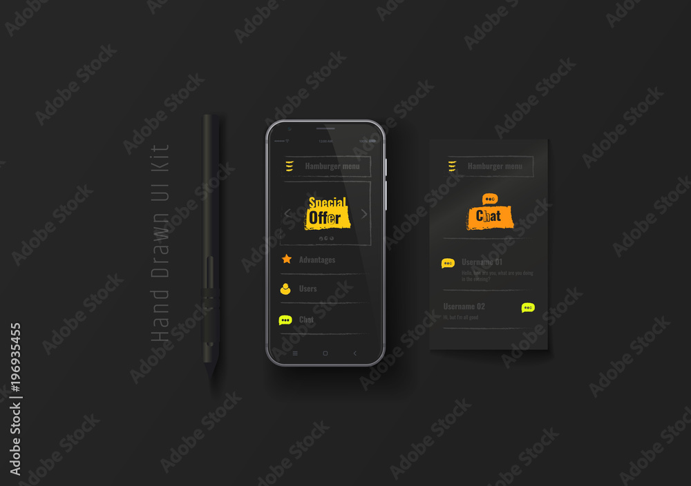 Poster mobile phone with web application. hand-drawn ux, ui kit. user experience. user interface. mobile ap