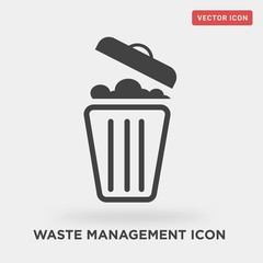 waste management icon on grey background, in black, importance of recycling, protecting environment, vector icon illustration