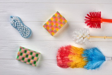 Set of products for house cleaning. Kitchen sponges for dishes washing. Brushes for house cleaning. Easy spring cleaning.