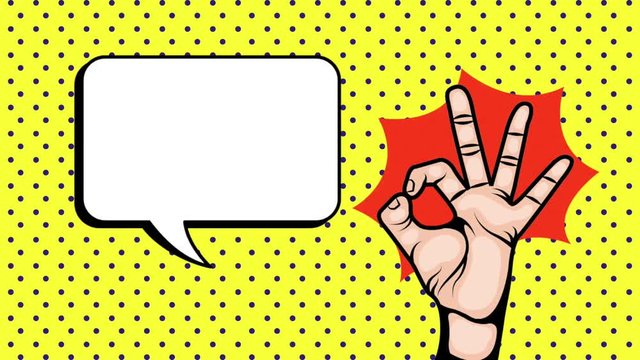 pop art background with hand showing okay sing speech bubble comic style animation