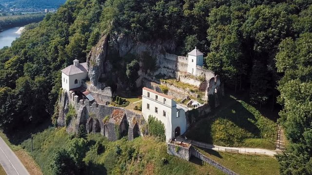 Flight around Benedictine abbey Skalka in the rock, near Trenchin, Slovakia