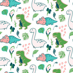 Cute dino seamless vector pattern.