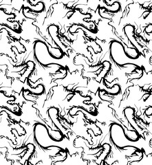 Pattern with Japanese dragon. Seamless woven pattern. Design print for textile, fabric, wallpaper, background. Can be used for printing on paper, packaging, in textiles.