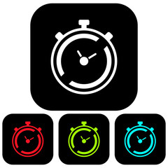 Simple, flat, square timer/stopwatch icon. Timer silhouette black. Isolated on white