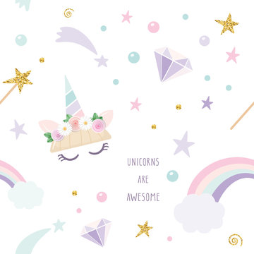 Unicorn magic seamless pattern background with rainbow, stars and diamonds. For print and web.