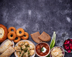 Traditional Russian dishes, sweets and vodka 