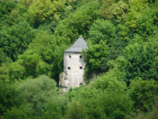 Fototapeta na wymiar tower in the thick of green trees, background