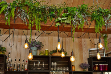 Vintage lamps illuminate the bar