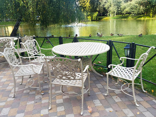 Summer playground, breakfast by the lake, table and chairs