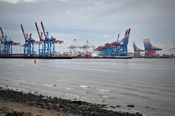 Hamburg, Germany, on the bank of Elb River, view of the shipyard