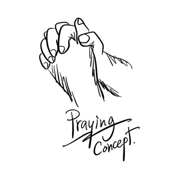 close-up hand praying vector illustration sketch hand drawn with black lines isolated on white background