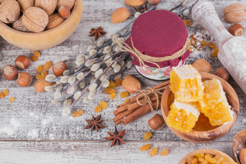 Ingredients for cooking bread or cookies: honeycomb, flour, rais