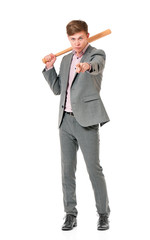 Anger man in suit with wooden baseball bat. Guy standing and pointing at camera choosing you - full...