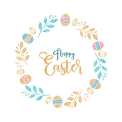 Easter wreath with Easter eggs, flowers, leaves and branches on white background. Decorative frame with gold elements. Unique design for your greeting cards, banners, flyers. Vector in modern style.