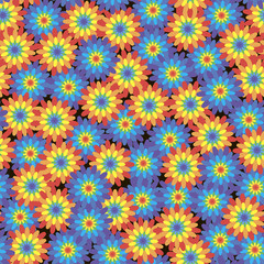 Floral seamless pattern with rainbow-colored flowers on a black background. Vector.