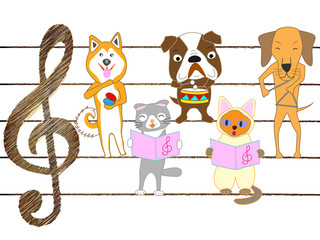Obraz na płótnie Canvas 犬と猫のコンサート。ペットが歌ったり、楽器を演奏したりしている。