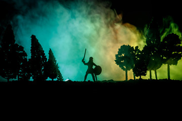 Obraz na płótnie Canvas Medieval battle scene with cavalry and infantry. Silhouettes of figures as separate objects, fight between warriors on dark toned foggy background. Night scene.