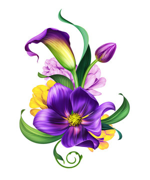 botanical illustration, beautiful flowers bouquet, floral arrangement, clip art isolated on white background