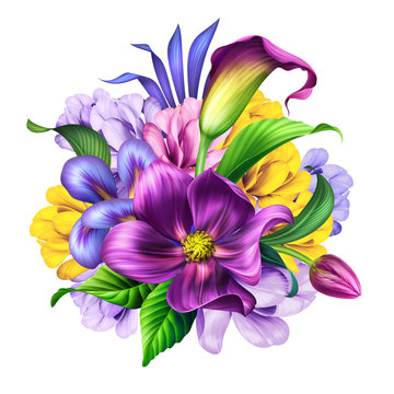 botanical illustration, beautiful flowers bouquet, floral arrangement, clip art isolated on white background