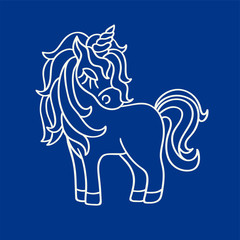 Unicorn white silhouette icon on the blue background