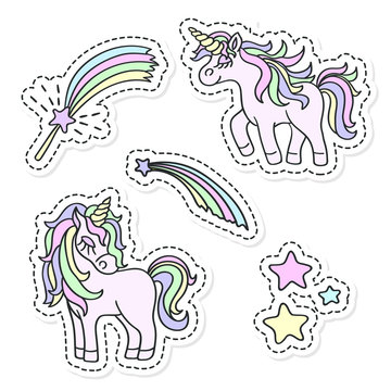 Unicorn and magic wand vector sticker set