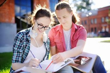 Young happy students with books and notes outdoors