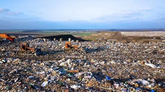 City Dump. The Bulldozer Moves Along the Landfill, Leveling the Garbage
