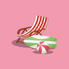 beach chair and surfboard over pink background, colorful design vector illustration