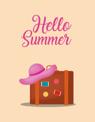 Hello summer design with travel suitcase over orange background, colorful design vector illustration