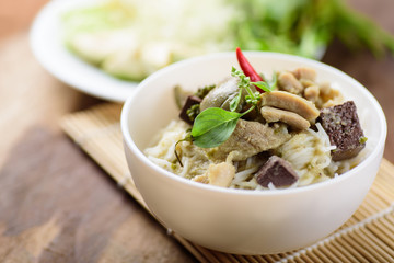 Thai food, rice noodles with green curry chicken (Kanom Jeen Kang Keaw Wan Gai)