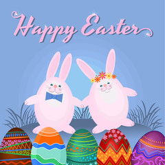 Two rabbits are holding hands. Easter area vector design.