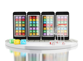 3d E-commerce, Smartphone with mobile app stores.
