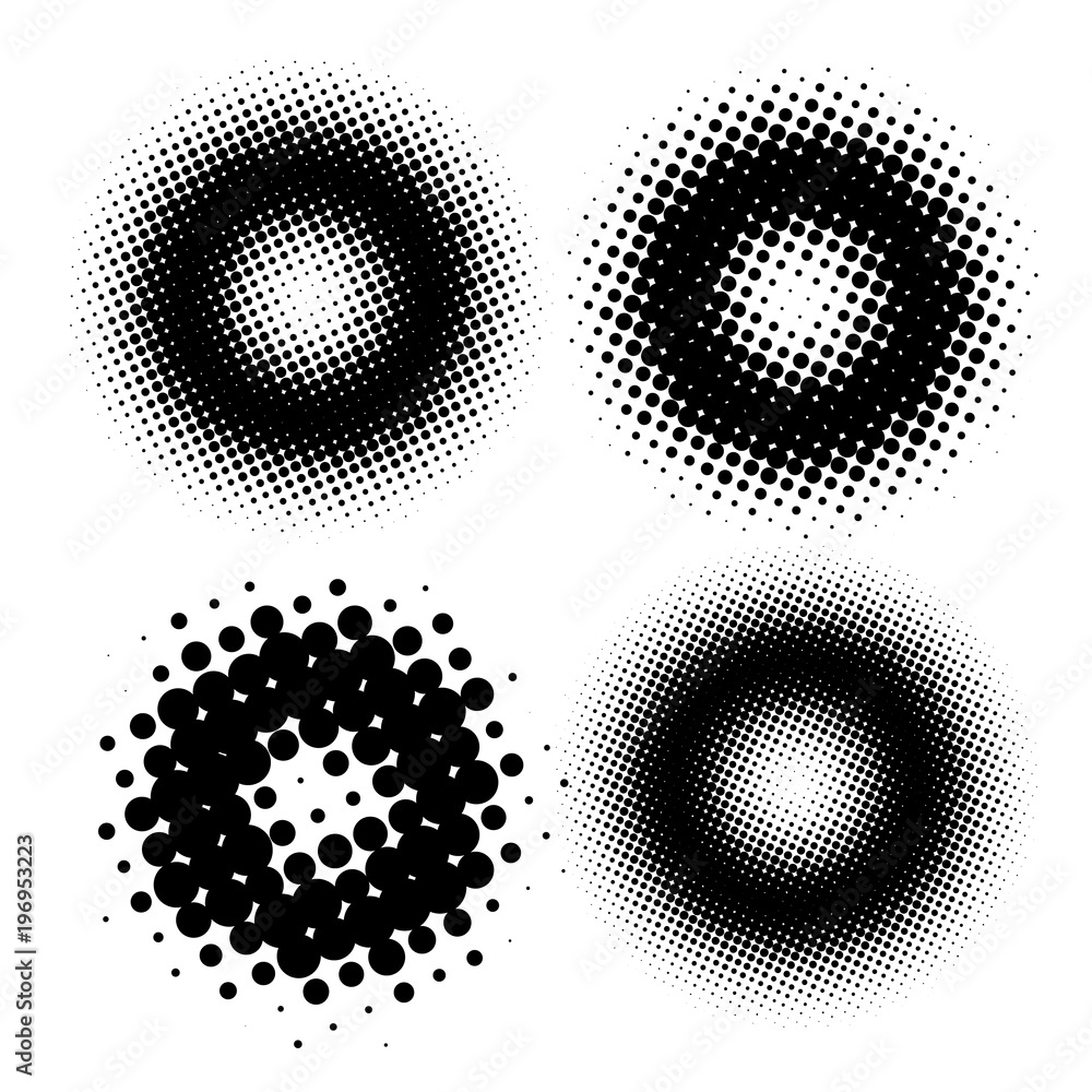 Poster set of halftone dots vector circle shapes. abstract dotted stippling shapes. monochrome halftone gra