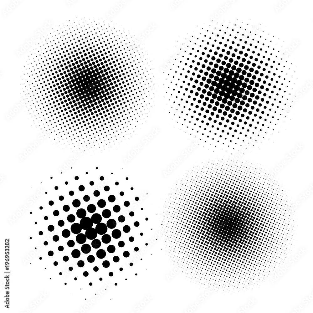 Poster set of halftone dots vector circle shapes. abstract dotted stippling shapes. monochrome halftone gra