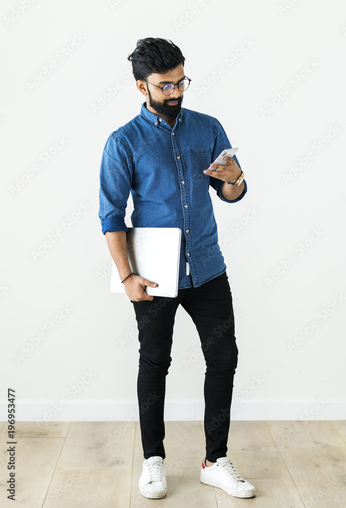 Poster man using mobilephone isolated on white background