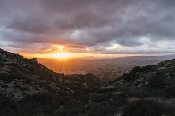 Winter storm clouds with sunset above Simi Valley in Ventura County near Los Angeles California.  