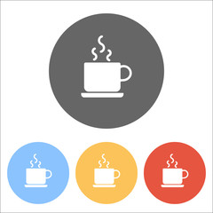 cup of hot tea or coffee icon. Set of white icons on colored cir