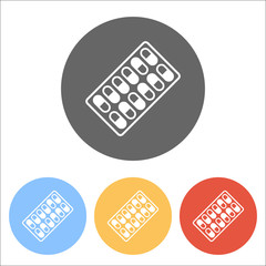 Pack Pills Icon. Set of white icons on colored circles