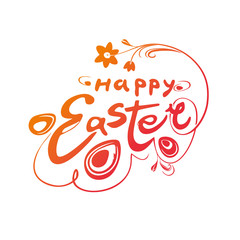 Happy Easter. Typography design of the vintage inscription and Easter eggs and flower. Vector template.
