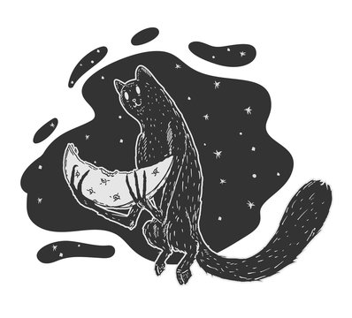 Weird cute cat demon eating moon slice. Tattoo doodle