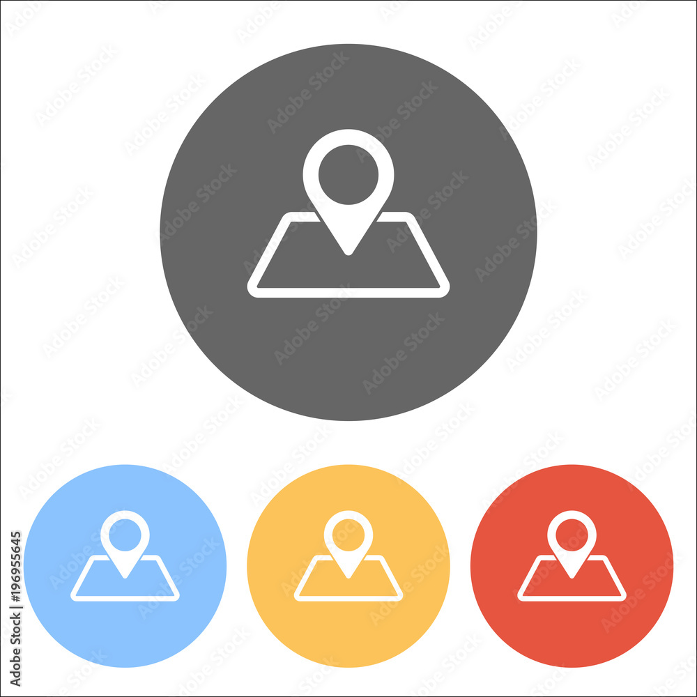 Poster label on map. simple silhouette. set of white icons on colored c