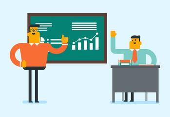 Young caucasian white student sitting at the desk with raised hand to answer a question of his teacher. Teacher standing in front of the blackboard and asking the student. Vector cartoon illustration.
