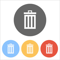 trash bin. simple icon. Set of white icons on colored circles