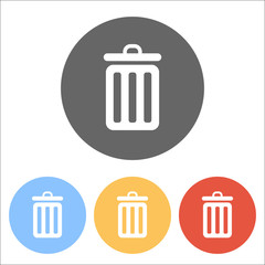 trash bin. simple icon. Set of white icons on colored circles