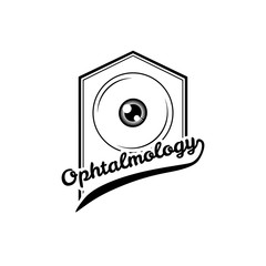Healthy eye icon. Ophthalmology inscription. Illustration of healthy eye. Eye clinic logo.