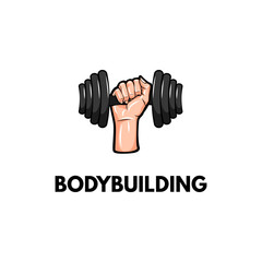 Dumbbell. Hand holding weight. Bodybuilding inscription. Vector illustration.