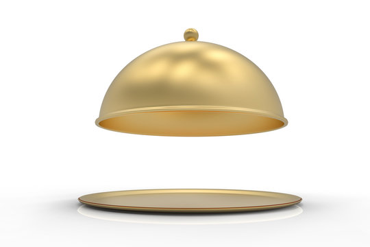 Golden Restaurant Cloche plate with open lid. 3d illustration