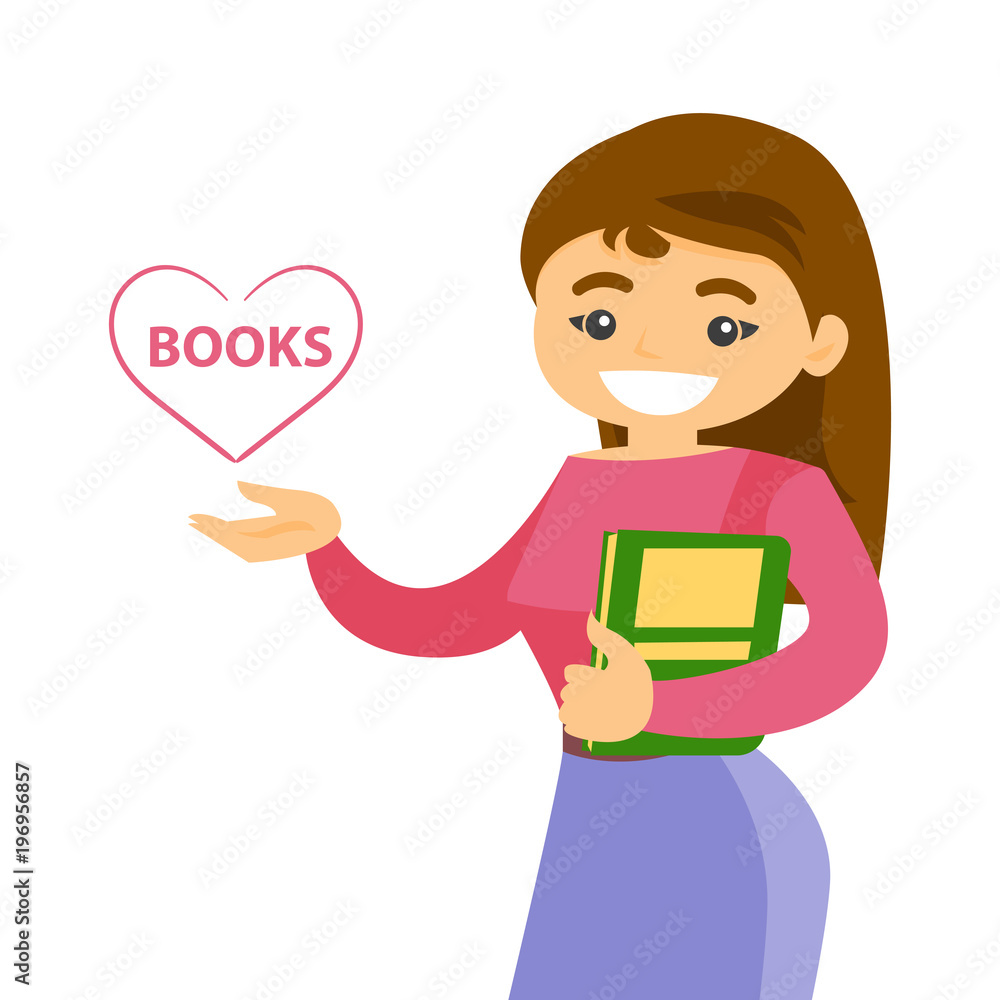 Canvas Prints Young caucasian white female student holding a book and pointing at heart shape with text books. Woman likes read book. Vector cartoon illustration isolated on white background. Square layout.