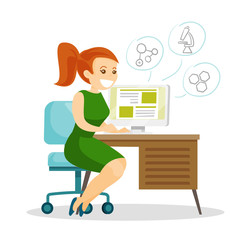 Young caucasian white cheerful female student sitting at the table and working on a computer. Education technology concept. Vector cartoon illustration isolated on white background. Square layout.