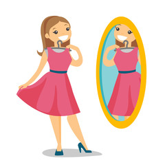 Caucasian white woman trying on dress and looking at herself in the mirror in the dressing room. Woman choosing clothes in the dressing room. Vector cartoon illustration isolated on white background.